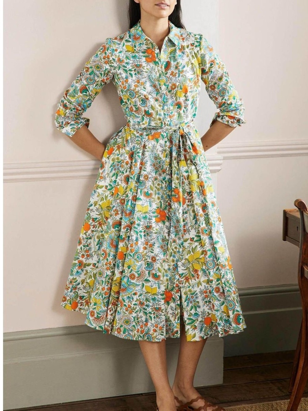 Boden NEW Women's 8P White Colorful Floral Kitty Midi Shirt Dress